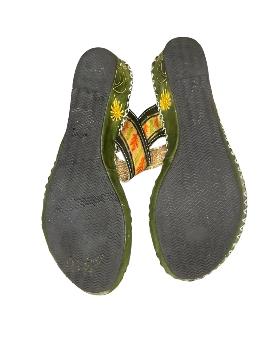 L'ATISTE Green Leather Boho Sandals with Orange Floral Accents